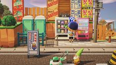 an animated character is standing in front of a vending machine and other items on the street