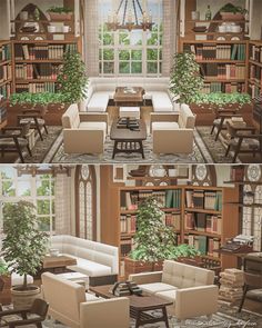 the interior of a living room with furniture and bookshelves is shown in three different views