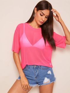 Shein Neon Pink Drop Shoulder Mesh Top Without Bra Pink Top Outfits, Sheer Mesh Top, Ruffle Trim Top, Without Bra, Pink Sheer, Boxy Top, Latest T Shirt, Ribbed Knit Top, Short Sleeve Pattern