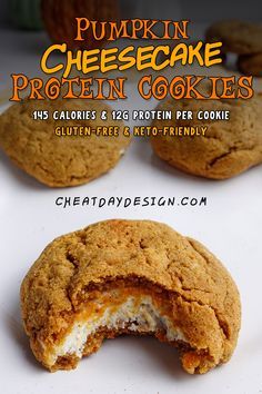 pumpkin cheesecake protein cookies are cut in half