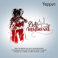 an advertisement for eidl mubarak with the image of two men hugging each other