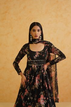 Black printed anarkali and churidar set with matching georgette dupatta, perfect for a sophisticated and glamorous evening look. Party Anarkali, Hand Embroidery Jewelry, Indian Bridal Couture, Wedding Bride Dress, Black Anarkali, Anarkali Churidar, Hand Embroidery Work, Bridal Lengha, Indian Wedding Bride