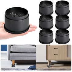 there are six black pots on the floor and one is in front of a couch