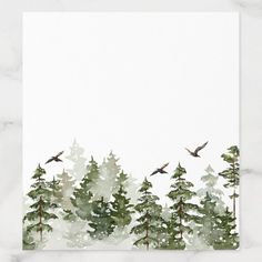 watercolor painting of trees with birds flying over them on a white sheet of paper