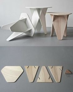 three different types of tables and stools made out of plywood, with the same design