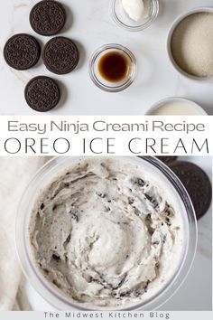 oreo ice cream in a bowl with cookies on the side and an image of oreos