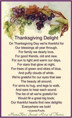 a poem written in purple and white with grapes on the bottom, saying thanksgiving delight