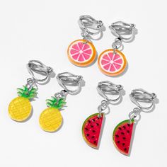 Your outfit will be fruity fresh with this set of super cute clip on earrings! Set of three includes grapefruit, pineapple, and watermelon earrings - no piercing required! Pack Size: 3 Finish: Silver-tone Closure: Clip on Material: Metal - Claire's Fruit Clip On Earrings - 3 Pack Fun Summer Fruit Design Jewelry, Summer Orange Jewelry With Fruit Design, Summer Fruit Design Jewelry, Hearing Aids Accessories, Claires Earrings, Watermelon Earrings, Piercing Kit, Funny Earrings, Fashionable Jewelry