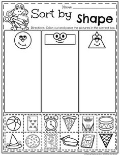 a cut and paste shape worksheet with the words sort by shape on it