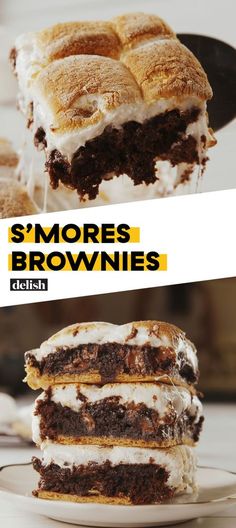 there are three brownies stacked on top of each other with the words s'mores and brownies