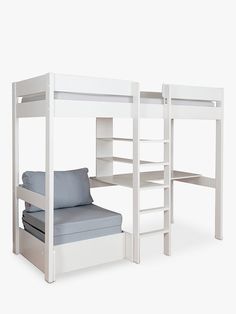 a white bunk bed next to a blue pillow