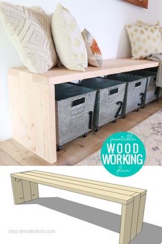 a wooden bench with storage bins underneath it and the words wood working on top