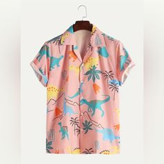 Casual Button Down Shirt . True To Size.. Super Fun, Dinosaur Design, Printed All Over Front And Back. Unisex Makes A Good Beach Cover Up ! Perfect For Festival, Season Or The Desert. Material Is Polyester However, It’s Breathable Soft To The Touch And Comfortable To Wear Hawaiian Outfit Men, Pink Shirt Men, Floral Hawaiian Shirt, Hawaiian Outfit, Tropical Shirts, Elegante Casual, Loose Shirts, Aloha Shirt, Mens Hawaiian Shirts