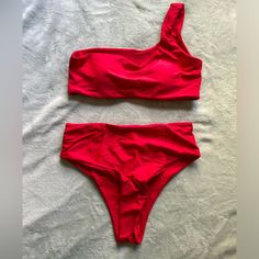 Red High Waisted Bandeau Bikini One Strap New With Tags Red Beachwear Tankini For Pool, Red Tankini For Sunbathing In Summer, Red Summer Tankini, Red Summer Tankini For Pool, Red Triangle Top Tankini For Vacation, Red Beachwear Tankini For Sunbathing, Red Stretch Summer Tankini, Red Summer Tankini For Beach Season, Red Fitted Summer Tankini