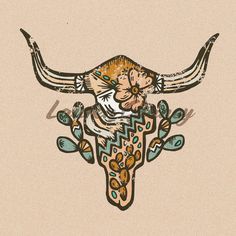 a drawing of a longhorn steer with flowers on it's head and horns