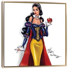 a drawing of a woman dressed as snow white holding an apple