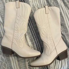 Brand New Never Worn. Spring Casual Mid-calf Boots, Fitted Cream Mid-calf Boots For Fall, Casual Cream Knee-high Boots, Cream Mid-calf Boots For Spring, Casual Fitted Mid-calf Boots For Spring, Wide Calf Beige Mid-calf Boots For Spring, Beige Wide Calf Mid-calf Boots For Spring, Beige Casual Fitted Boots, Trendy Cream Mid-calf Boots For Fall