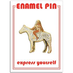 a pin with an image of a horse in red and white on the bottom, says enamel pins express yourself