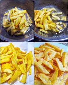 four pictures showing how to make french fries