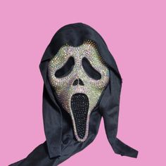 Welcome, Luxe Crystal Ghostface Mask! Crystal Ab Iridescent Diamond & Jet Black Crystals, Permanent Design Can Be Made In Any Colours Just Message Me! Full Adult One Size Custom Colours Available Any Questions Please Comment! Ghostface Glitter Mask, Ghostface Mask, Ghost Face Mask, Scream Mask, Horror Scream, Pink Mask, Iridescent Crystal, Ghost Face, Ghost Faces