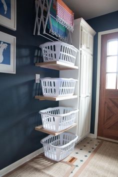 laundry baskets are stacked on top of each other