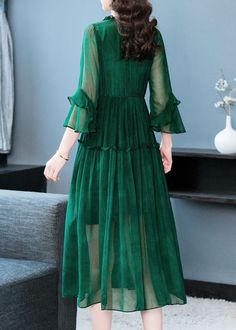 Modern Green V Neck Ruffled Patchwork Silk Dress Summer Chic Green A-line Chiffon Dress, Green Knee-length Chiffon Dress For Spring, Green A-line Chiffon Dress For Spring, Casual Green Chiffon Midi Dress, Green Chiffon Dress With Ruffles For Spring, Green Chiffon Dress With Ruffles, Casual Long Sleeve Chiffon Dress With Ruffles, Long Sleeve Chiffon Dress With Patchwork, Long Sleeve Chiffon Patchwork Dresses