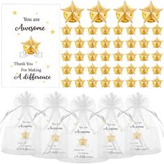 gold stars and ribbons with thank you are awesome tags on the front, and an image of