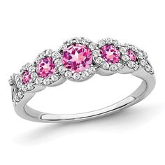 1/2 Carat (Ctw) Lab Created Pink Sapphire Ring In 14k White Gold With Diamonds 1/4 Carat (Ctw); This 5-Stone Band Features Five Lab Created Pink Sapphire Gemstones 1/2 Carat (Ctw) Surrounded By Sparkling White Diamonds 1/4 Carat (Ctw) In A Crisp 14 Karat White Gold Foundation.; Beautifully Crafted In 14k White Gold With A Polished Finish; Stone Type: Pink Sapphire; Color: Pink; 0.500 Ctw; Quantity: 5; Brilliant Cut; Round Shape; Dimensions: 2.5 Mm; Lab Created; Prong Setting; Stone Type: Diamond Diamond Anniversary Bands, Engagement Rings Opal, Signature Jewelry, 2 Carat, Blue Sapphire Rings, Anniversary Bands, Sapphire Gemstone