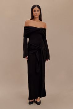 Cameron Off Shoulder Tie Maxi Dress - Black Tie Maxi Dress, Twist Front, Black Maxi Dress, Soft Knits, Latest Fashion Trends, Off The Shoulder, Off Shoulder, Knitwear, Drama