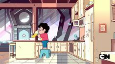 a cartoon character is standing in the kitchen