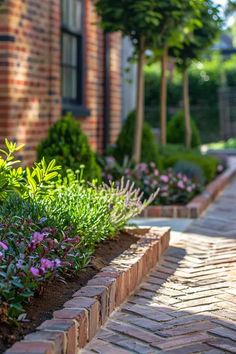 the flowers are blooming along the brick walkway