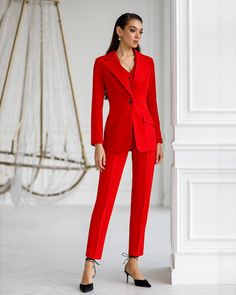 Fabric: Suit crepe Cotton 65%, Polyester 35% The blazer length is 27,1 inches or 69cm Sleeve length: 62cm/ 24,4in Vest length: 47cm/ 18,5in Pants outer seam length: 100 cm/ 39,3in Colors: Mustard, Black, Red, Camel, White, Sky-Blue, Bordeaux TRANSLATE with x English Arabic Hebrew Polish Bulgarian Hindi Portuguese Catalan Hmong Daw Romanian Chinese Simplified Hungarian Russian Chinese Traditional Indonesian Slovak Czech Italian Slovenian Danish Japanese Spanish Dutch Klingon Swedish English Korea Tailored Flat Front Pantsuit For Work, Fitted Red Blazer For Office Wear, Chic Red Semi-formal Suit, Elegant Red Outerwear For Business Casual, Elegant Red Business Pants, Tailored Red Blazer For Office Wear, Red Fitted Suit For Business Casual, Red Fitted Business Casual Suit, Red Fitted Suits For Business Casual