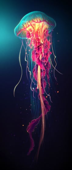 a jellyfish is floating in the water and it's colorful colors are visible