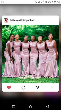 the bridesmaids in pink dresses are posing for a photo on their cell phone