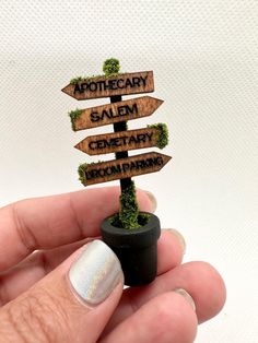 someone is holding a tiny wooden sign with moss growing out of it's sides