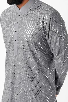 Grey Kurta With Mirror Work Design by Kasbah Clothing at Pernia's Pop Up Shop 2023 Mirror Work Kurta For Men, Mirror Work Design, Grey Kurta, Mehndi Outfit, Kurti Style, Gents Kurta, Work Design, Indian Fashion Designers