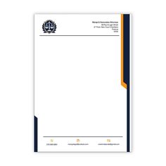 a white and blue letterhead with an orange stripe on the bottom, in front of a