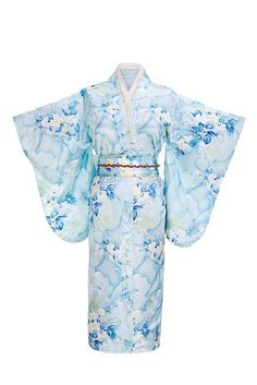 Kimono Drag Sakai - The Drag Queen Closet Yukata Women, Very Short Dress, Style Bleu, Traditional Japanese Kimono, Kimono Floral, Yukata Kimono, Blue Kimono, Satin Kimono, Rockabilly Dress