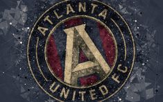 the atlanta united logo on a dark blue background with stars around it and an abstract design