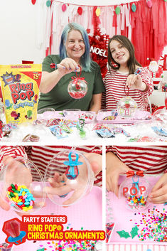 two women sitting at a table in front of candy and candies with the caption party starter ring pops christmas ornaments