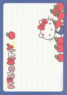 an image of hello kitty with apples on her head and the word hello kitty written in japanese