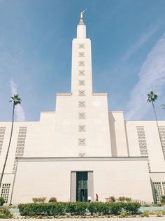 a tall white building with palm trees in front