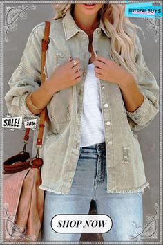 Casual Ripped Buckle Long Sleeve Loose Denim Jacket(4 Colors) Casual Washed Outerwear For Day Out, Casual Distressed Outerwear For Day Out, Fall Denim Jacket Washed For Day Out, Fall Denim Jacket For Day Out, Washed, Fall Washed Denim Jacket For Day Out, Casual Distressed Denim Jacket For Fall, Casual Long Sleeve Distressed Denim Jacket, Distressed Denim Jacket For Day Out, Trendy Long Sleeve Khaki Denim Jacket