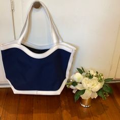 This Bag Is Brand New - Navy Blue And White Tote. Blue Beach Bag With Leather Handles, Blue Beach Bag With Leather Handles For Everyday Use, Blue Beach Bag With Leather Handles For Travel, Blue Satchel Canvas Bag For Summer, Blue Beach Bag With Removable Pouch For Travel, Chic Blue Canvas Bag With Large Capacity, Chic White Bucket Canvas Bag, Blue Canvas Travel Bag With Removable Pouch, Chic Large Capacity Blue Canvas Bag