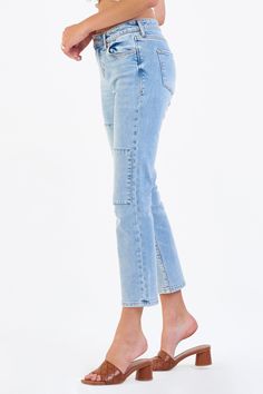 High rise ankle slim straight leg jeans. It's the outstanding fit that sits slightly lower on the waist and fitted slender from the hip to mid thigh. Ankle inseam on comfort stretch denim accented with handsanding hip whiskers, pocket grinding & designer knee patches.9 1/2" Front Rise (include waistband), 13 1/2" Leg Opening, 28" inseam (Size 27) 98% COTTON 2% SPANDEX Machine wash cold, Tumble dry low Imported Zip fly and button closure Five-pocket style Straight Leg Jeans With Frayed Hem In Recycled Denim, Straight Leg Pants With Frayed Hem, Dark Wash Cropped Leg Jeans, High Rise Straight Fit Recycled Denim Jeans, Fitted Straight Leg Cropped Jeans In Rigid Denim, High-rise Cropped Jeans With Five Pockets In Recycled Denim, High-rise Recycled Denim Cropped Jeans With Five Pockets, Medium Wash Rigid Denim Cropped Leg Flare Jeans, Stretch Denim Cropped Jeans