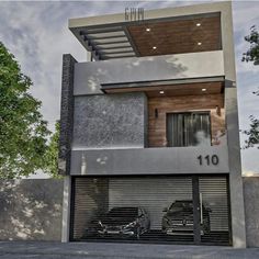 two cars are parked in front of a modern house with an attached garage and balcony