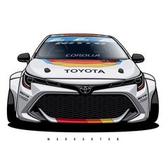 the front end of a white toyota car with colorful stripes on it's hood