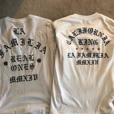 2 New La Familia T-Shirts Sz M White Streetwear Top With Front And Back Print, Casual White Shirt With Front And Back Print, Casual White Shirt With Print, Family Matching Letter Print T-shirt For Streetwear, Cotton Tops With Front Print For Fan Merchandise, Cotton Tops With Front Print For Fans, White Print Logo Tops For Streetwear, White Print Logo Streetwear Tops, White Short Sleeve Top With Front And Back Print