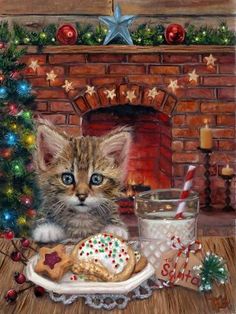 a painting of a kitten sitting in front of a christmas tree with cookies and coffee