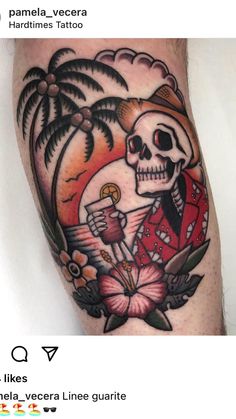 a man's arm with a skull holding a key and palm trees in the background